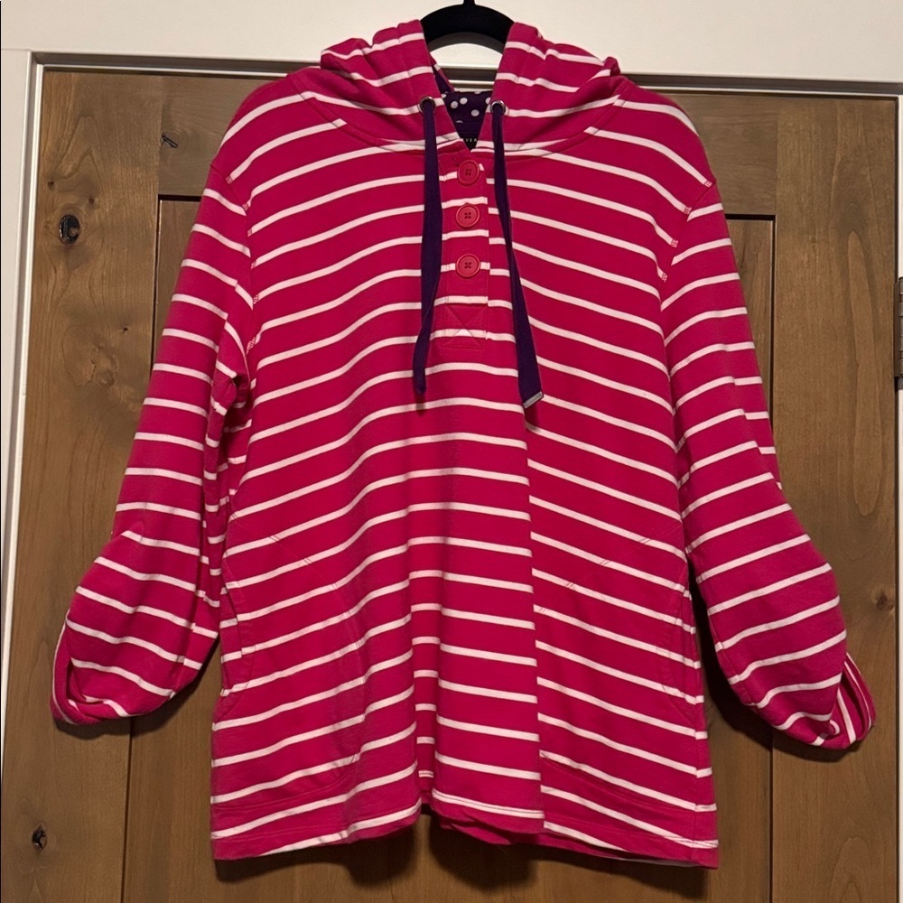 Susan Graver Weekend Fuchsia White Striped Hoodie Sweatshirt Womens L QVC Beach